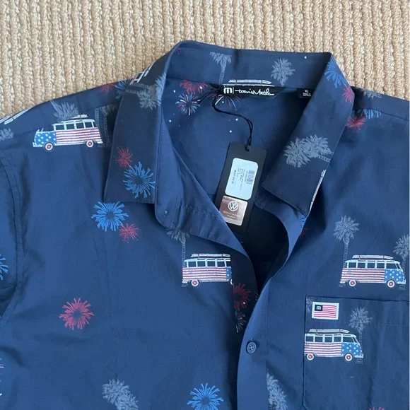 Travis Mathew Men's What Goes Up Button Up Blue American Flag Fireworks Size XL - Picture 10 of 12